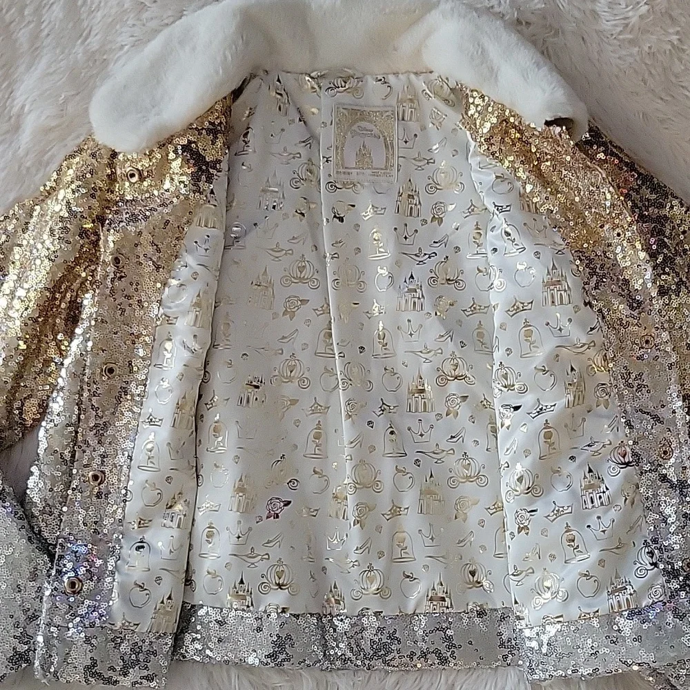 Disney Princess Gold And Silver Sequin Jacket Faux Fur Collar Girl 9/10 NWT